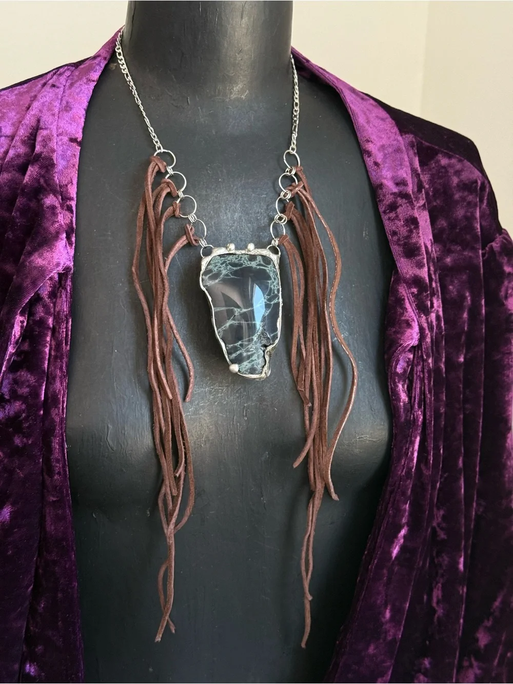 Spiderweb obsidian statement Fringe Necklace southern gothic boho jewelry